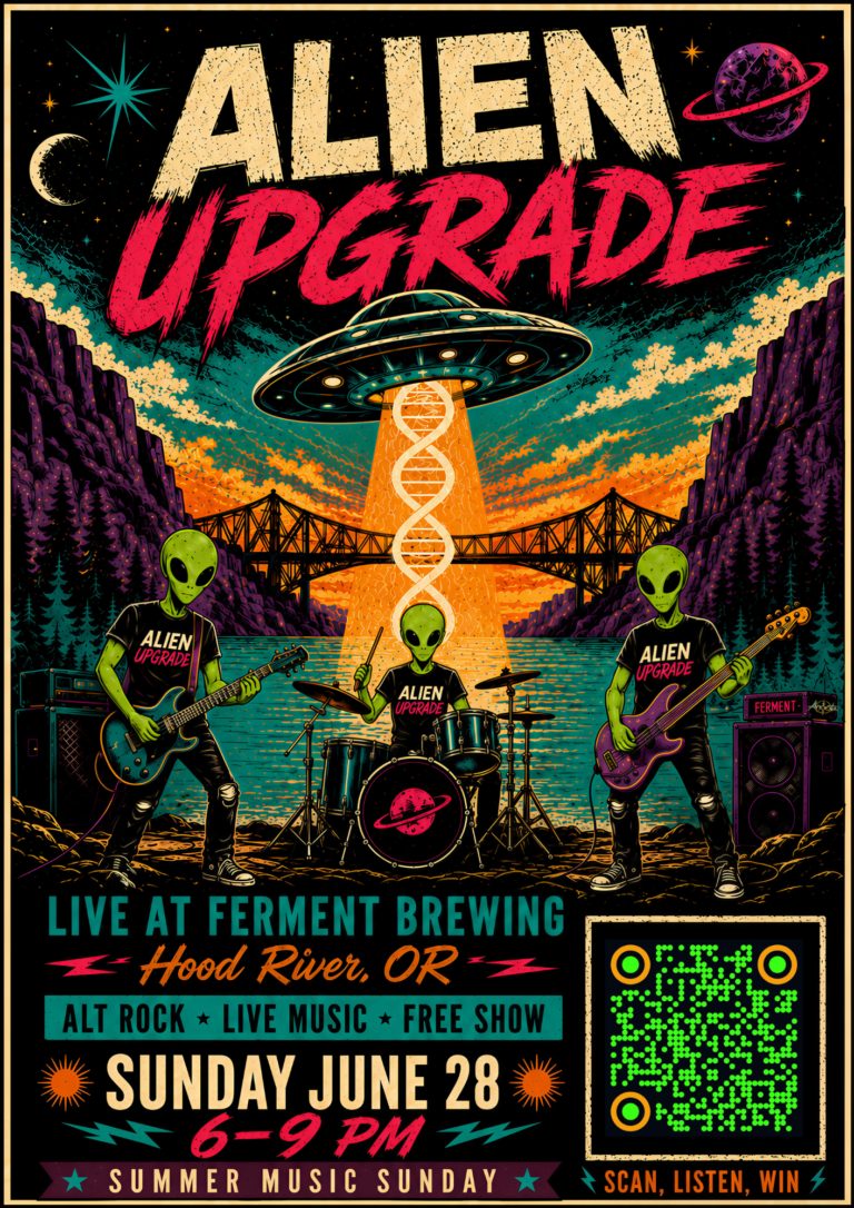 Alien Upgrade gig poster - Summer Music Sunday at Ferment Brewing, Jun 28, Hood River, OR