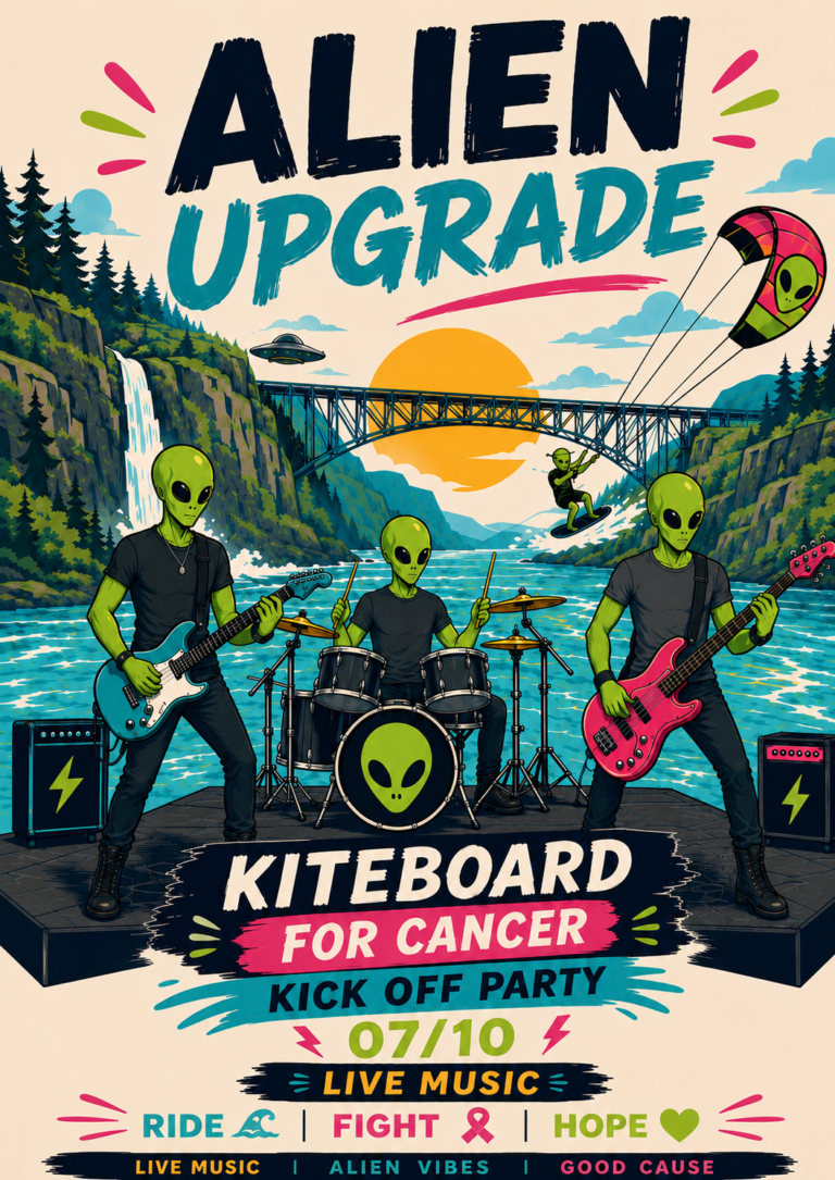 Alien Upgrade gig poster – Kiteboard for Cancer Kick-Off Party, Jul 10, Hood River, OR