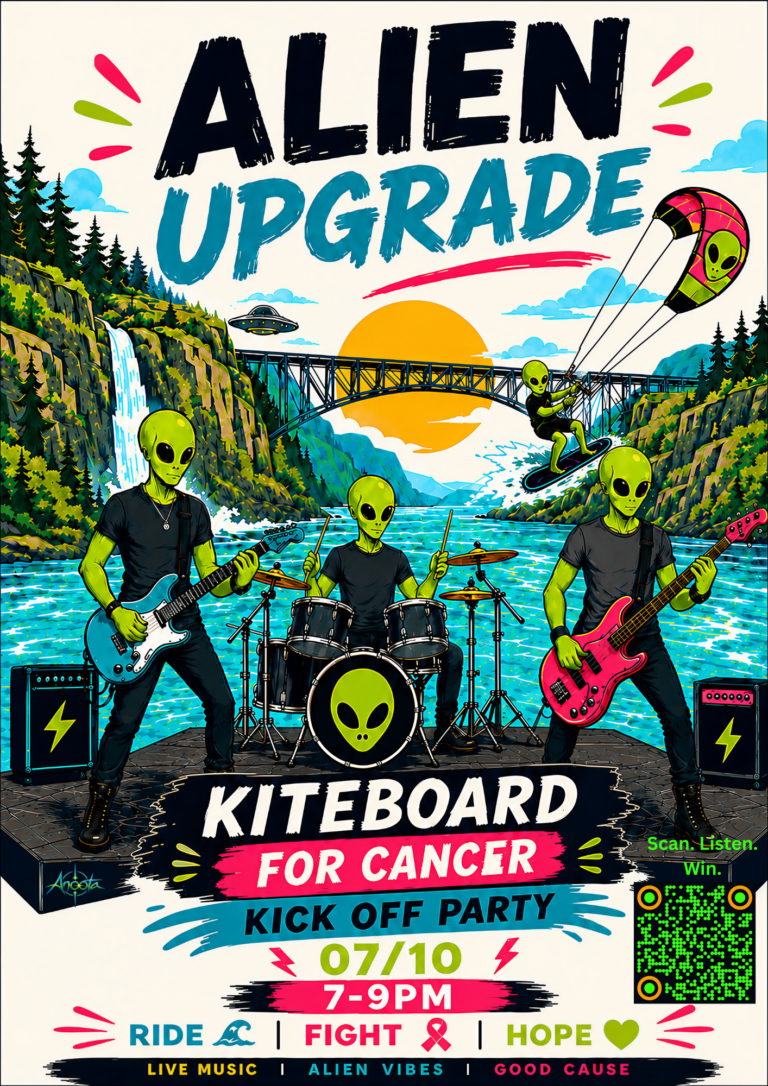 Alien Upgrade gig poster – Kiteboard for Cancer Kick-Off Party, Jul 10, Hood River, OR