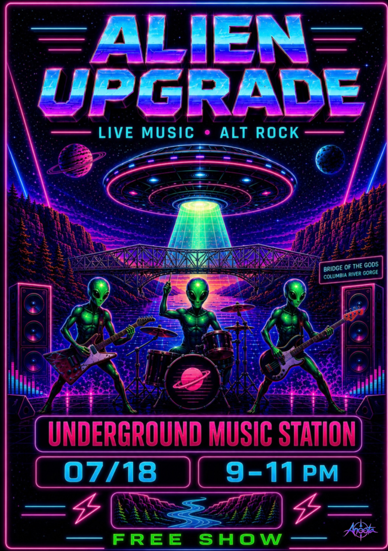 Alien Upgrade gig poster – Underground Music Station, July 18, 9–11 PM, Hood River, OR