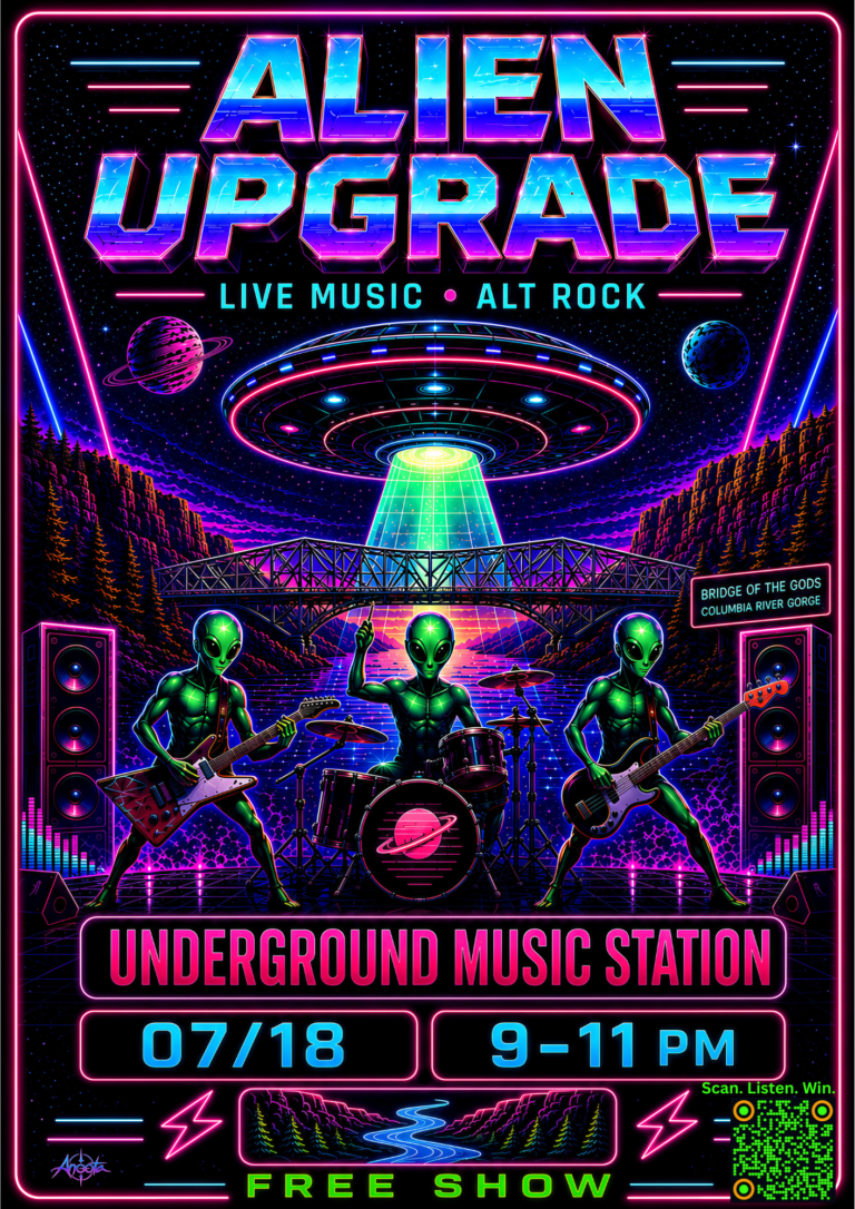 Alien Upgrade gig poster – Underground Music Station, July 18, 9–11 PM, Hood River, OR